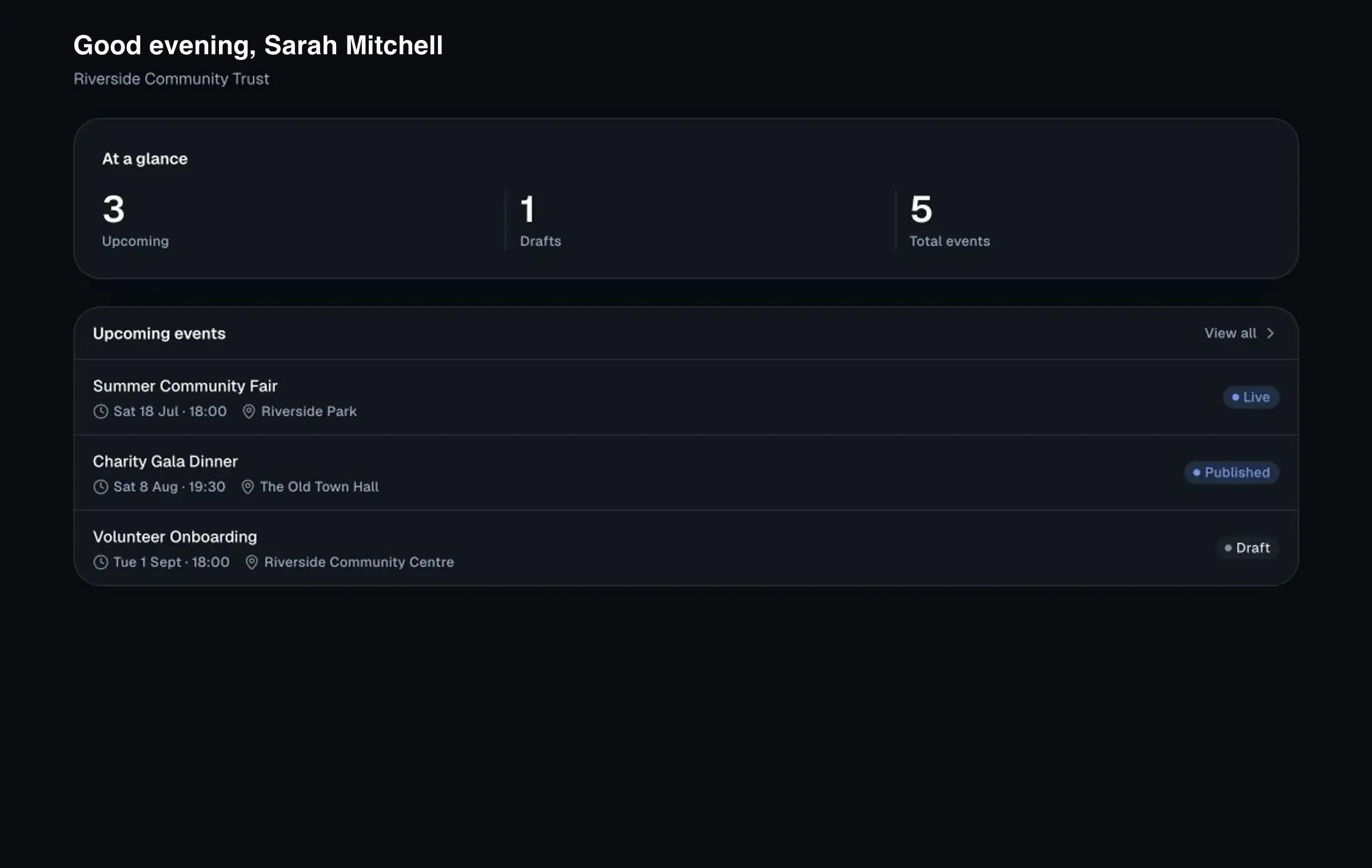 Attendly product screen showing example event data
