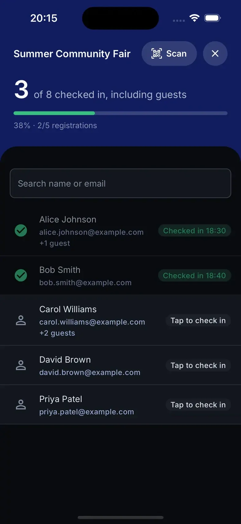 Attendly mobile check-in showing example attendee data